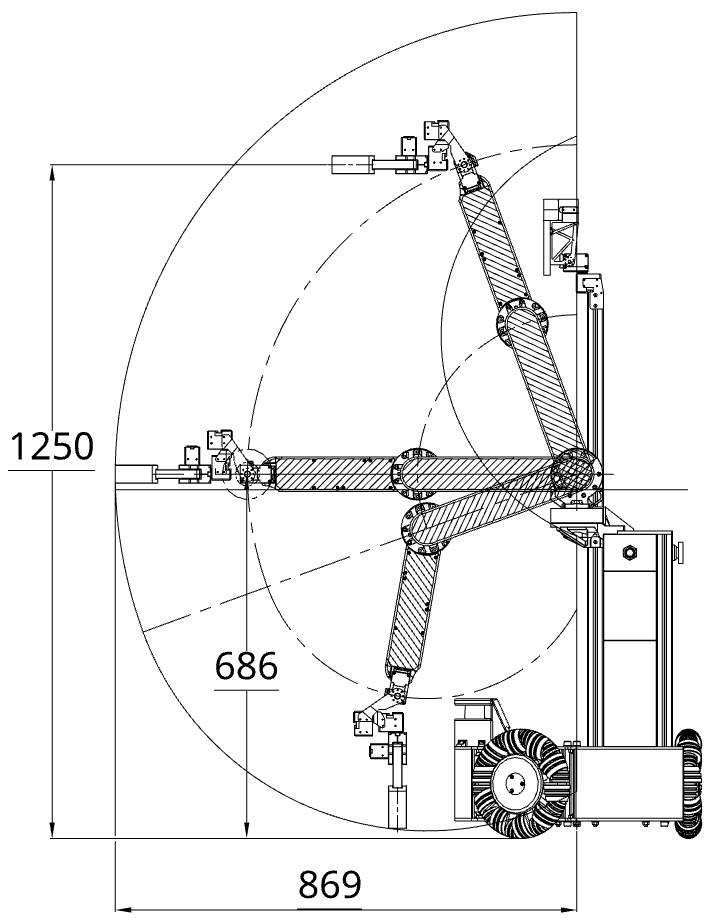 fig: Reachable workspace of ANUBIS. (a) Lateral profile highlights vertical reach from floor level to 1.25 m. (b) Planar projection illustrates 180^{\circ} horizontal coverage within the 0.5 m chassis footprint.