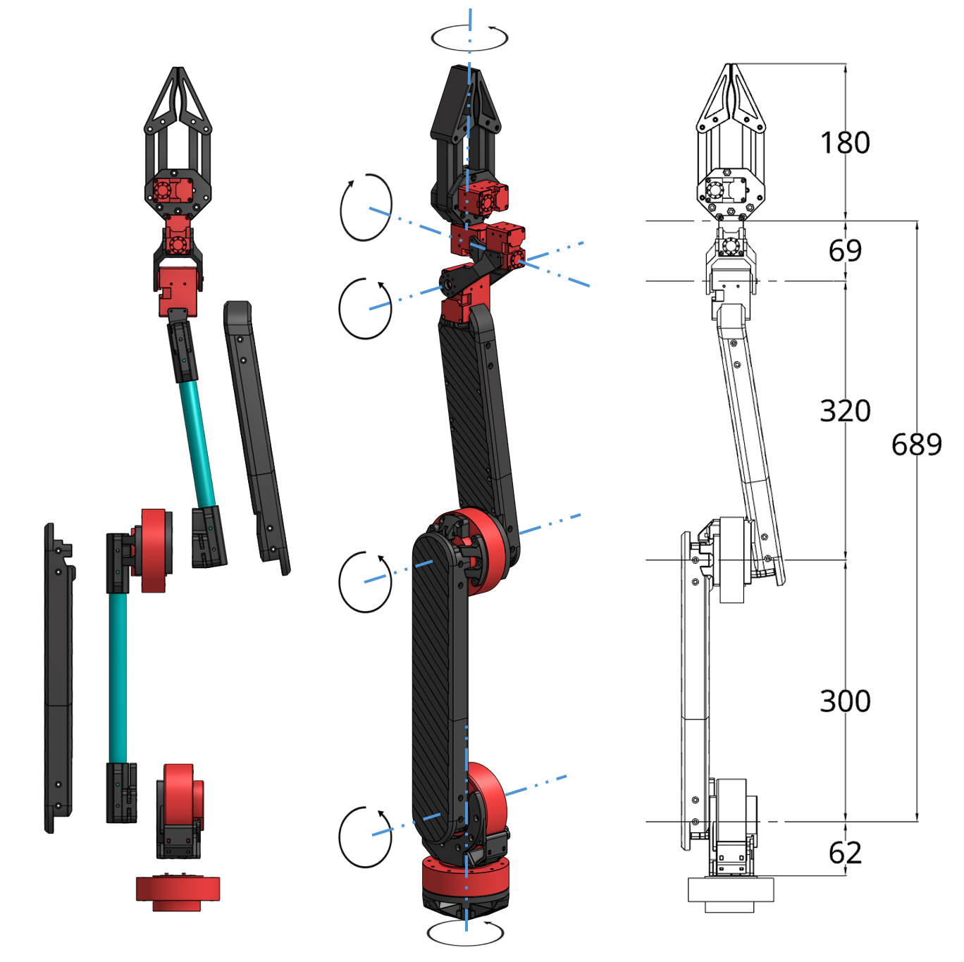fig: Mechanical design details of the manipulator: (a) exploded view showing structural components, (b) joint arrangement, and (c) overall arm dimensions.